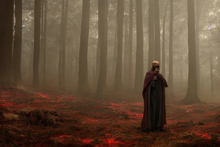 Prompt: still from a fantasy movie, a warlock on his knees crying, looking up, red eyes from crying, forest in the background, muted colors, 8 k, cinematic, very detailed face, hyperrealistic, movie still frame, promotional image, imax 7 0 mm footage