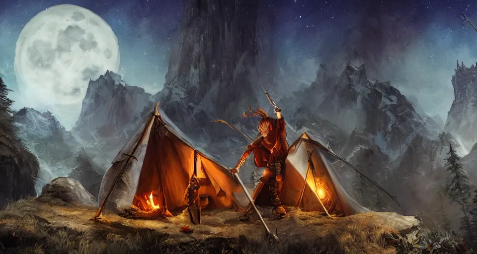 Image similar to an epic fantasy adventurer's camp with a hide tent at night with a full moon, a single adventurer with red hair playing an instrument, 4 k, extremely detailed. award winning, trending on artstation, 8 k, ultra wide angle