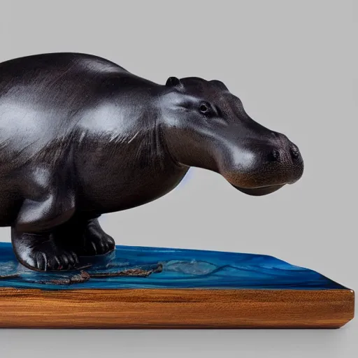 Image similar to a small smooth hippo statue carved from natural wood, dipped in polished blue resin, half and half, mixed media, side view