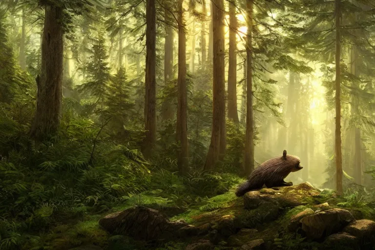 Image similar to a beaver standing in the forest, beautiful dynamic lighting, cinematic, wide angle establishing shot, extremely high detail, photo realistic, cinematic lighting, post processed, concept art, artstation, matte painting, style by frederic church, raphael lacoste, unreal engine 8k