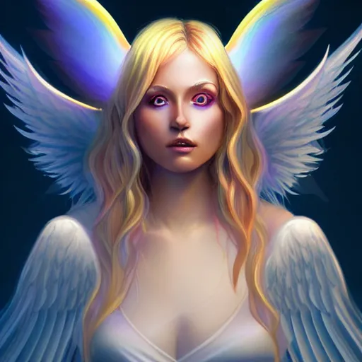 Prompt: Winged girl angel with blonde hair and glowing halo, iridescent, seraphim, fantasy, intricate, elegant, highly detailed, digital painting, artstation, concept art, smooth, sharp focus, illustration