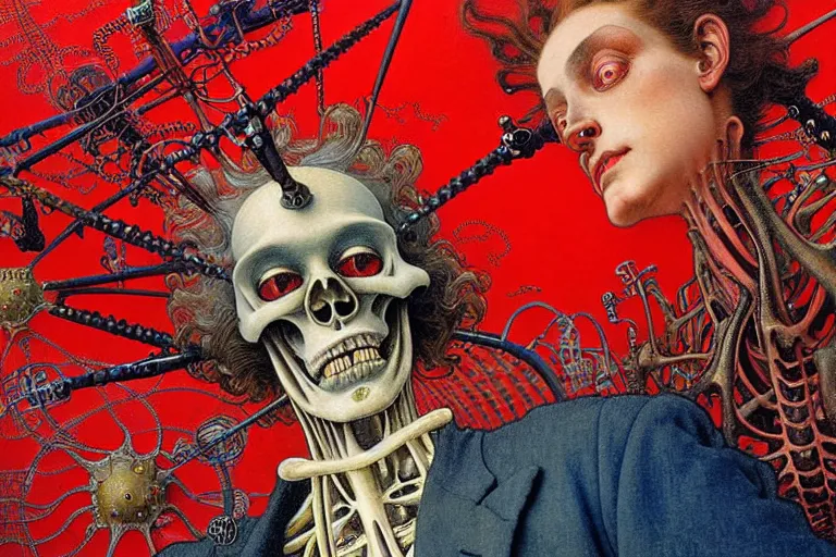 Image similar to realistic detailed closeup portrait painting of a single skeleton wearing red velvet blazer in a crowded futuristic moscow street by Jean Delville, Amano, Yves Tanguy, Alphonse Mucha, Ernst Haeckel, Ilya Repin, Edward Robert Hughes, Andrei Tarkovsky, Roger Dean, rich moody colours, blue eyes