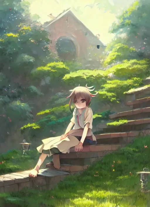 Prompt: girl sitting on a stair where there is an arched shed above, many green plant and flower gowing on it, illustration concept art anime key visual trending pixiv fanbox by wlop and greg rutkowski and makoto shinkai and studio ghibli