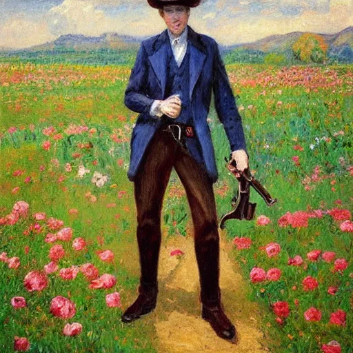 Image similar to an impressionist painting of a tall man with blue eyes that is wearing a wide brim hat and a leather vest. He is holding a revolver in his left hand and a rose is in his right hand. He is standing in a field of roses.