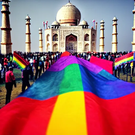 Image similar to photo of crowd of men with rainbow flags dancing at ( ( ( ( taj mahal ) ) ) ), well framed, sharp focus, 8 k, beautiful, award winning photo, highly detailed, intricate, centered