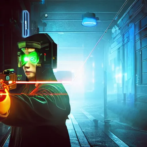 Image similar to cyberpunk man with laser gun stands in a dark alleyway and shoots a robot, amazing, foggy, beautiful, neon lights