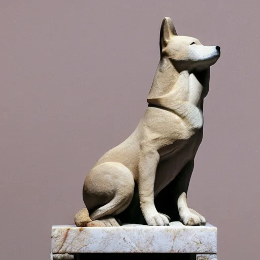 Prompt: an ancient greek sculpture of a shiba inu in marble, close up photo, ultra realistic, studio photo, bokeh. intricate details.