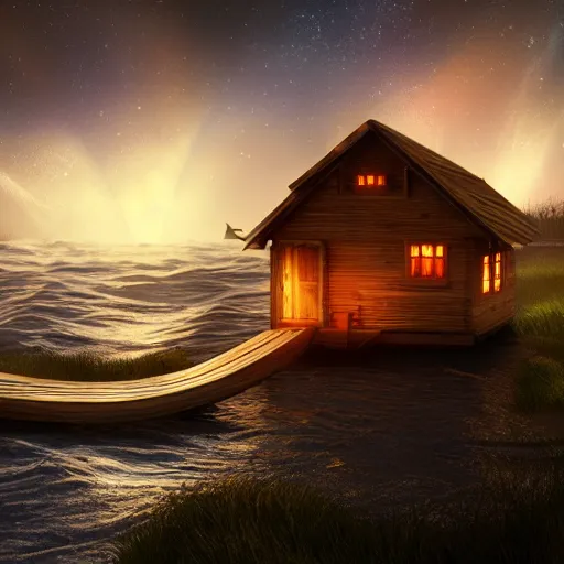 Image similar to a whale with a wooden house on his back, lights are on in the house, digital art, unreal engine, epic lighting, amazing, dreamlike, 3d render