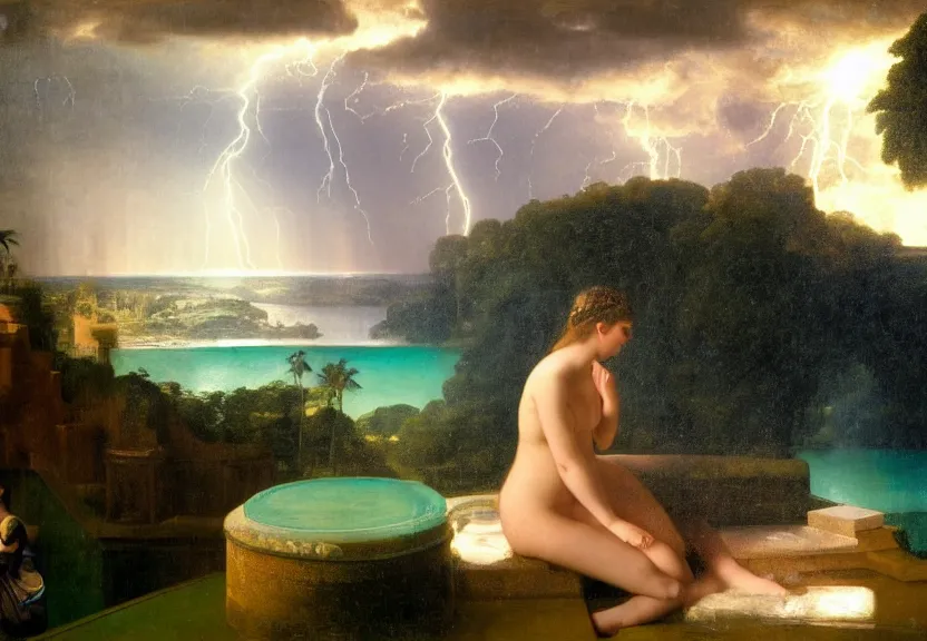 Image similar to Girl at the palace, refracted sparkles, thunderstorm, greek pool, beach and Tropical vegetation on the background major arcana sky, by paul delaroche, hyperrealistic 4k uhd, award-winning, very very very detailed