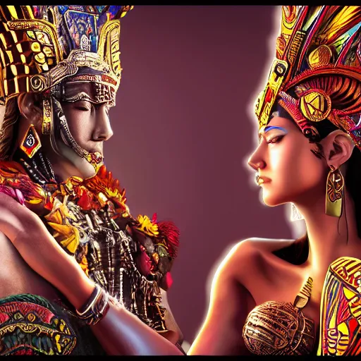 Image similar to the marriage between a aztec god and a modern goddess in the style of high urban fantasy Hyper detailed Hyper Photorealistic High Resolution HD 8k post-processing