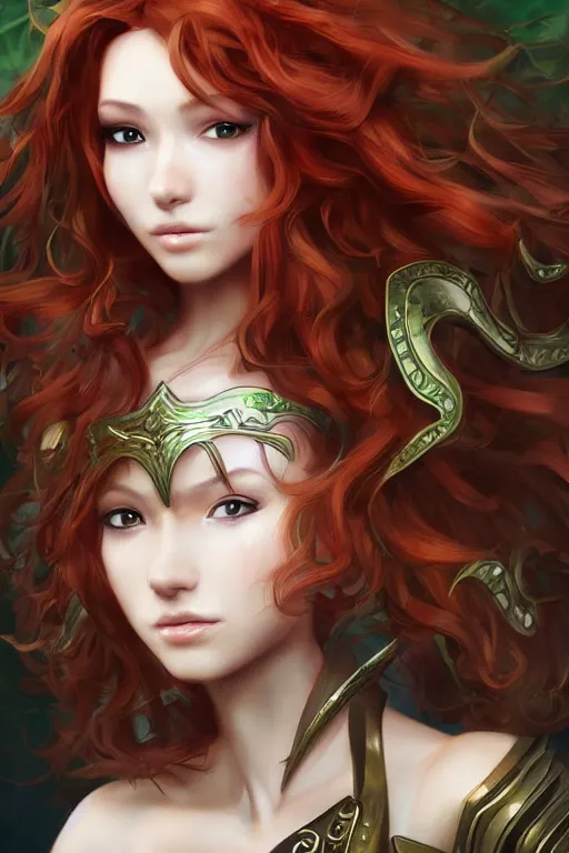 Image similar to A realistic anime portrait of long curly haired redhead female ranger wearing an intricate fantasy ranger outfit, asian facial features, green eyes, digital painting, by Stanley Artgerm Lau, Sakimichan, WLOP and Rossdraws, digtial painting, trending on ArtStation, SFW version