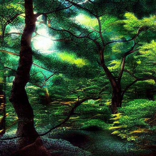 Prompt: a japanese forest, sunny, digital art