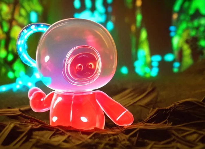 Image similar to photo of a translucent clear chibi style baby dinosaur with symmetrical head and eyes, made out of clear plastic, but has red hypercolor glowing electric energy inside its body, and electricity flowing around the body. in the forest, fantasy tron. highly detailed. intricate design by pixar