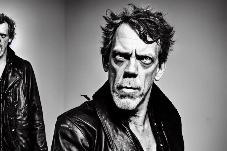 Image similar to promotional image of hugh laurie as a british punk rocker in a new movie, leather clothes, heavy makeup, detailed face, movie still frame, promotional image, imax 70 mm footage