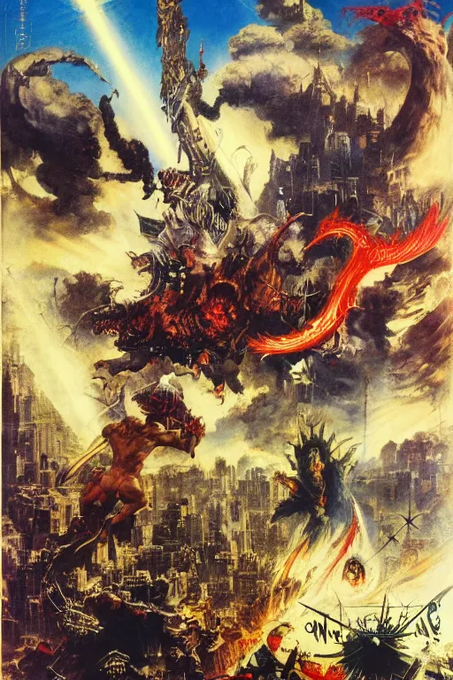 Prompt: Movie poster of Ophanim attacking new york, by Noriyoshi Ohrai, frank frazetta, ilya repin,