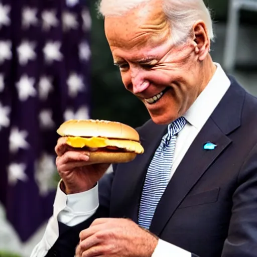 Image similar to a happy joe biden eating a hamburger made of marble