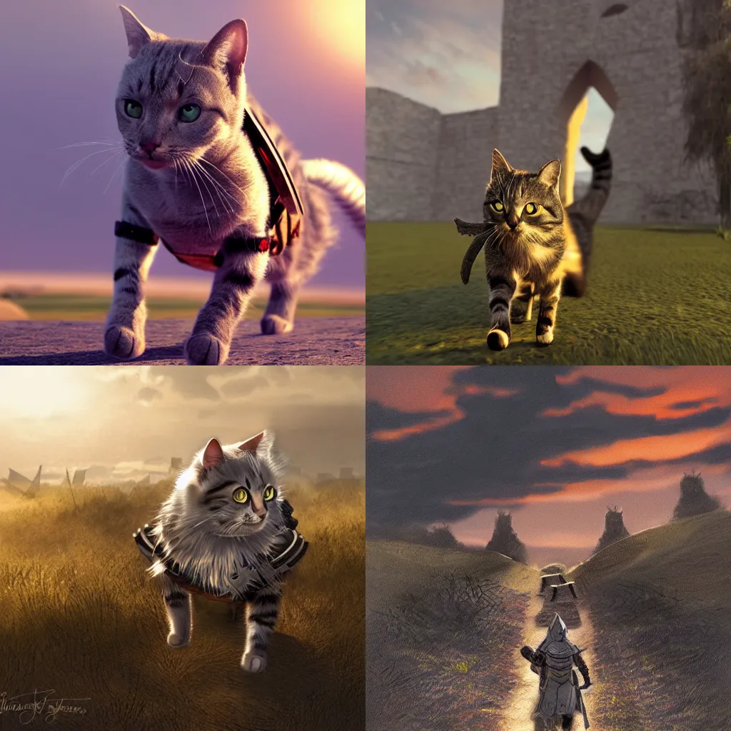Prompt: cat wearing armor walking to battle in the sunset, 8k, photorealistic