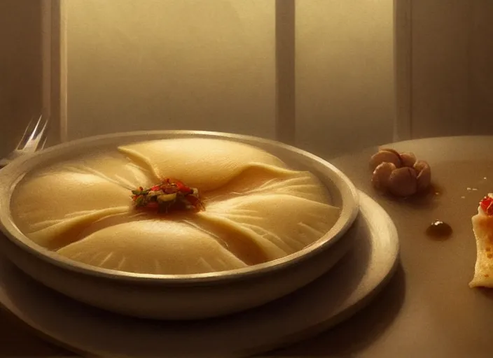 Image similar to a film still portrait of a bowl with raviolli, finely detailed features, closeup at the food, perfect art, at a dinner table, gapmoe yandere grimdark, trending on pixiv fanbox, painted by greg rutkowski makoto shinkai takashi takeuchi studio ghibli, akihiko yoshida