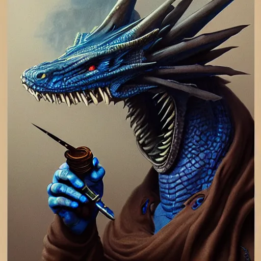 Image similar to A portrait of a blue dragon smoking a pipe, by HR Giger and Greg Rutkowski, highly detailed, portrait, sleek, 8k