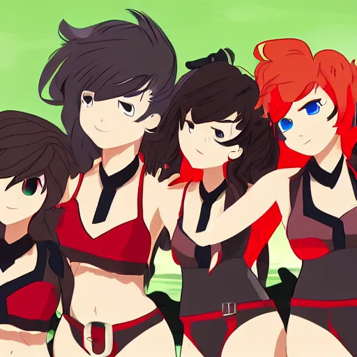 Image similar to Team RWBY at the beach, in the style of RWBY, sunny day,