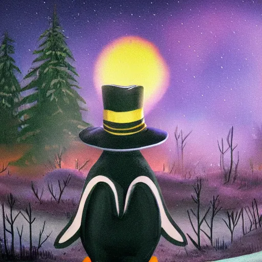 Image similar to penguin with a hat is looking at a burning forest which is sadly beautiful, dystopian cinematic painting, k high detail, with radioactive rain and purple lightnings