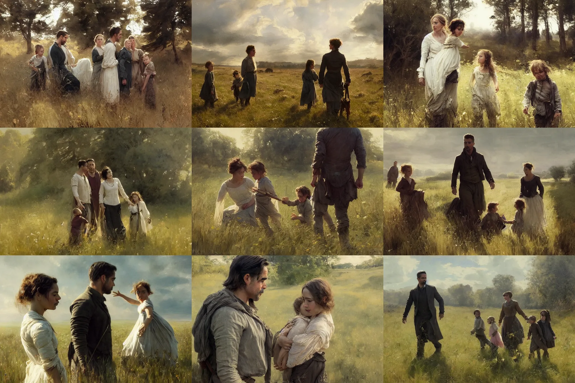 Prompt: family, colin farrell and ruth negga and kids in open fields, art by anders zorn, detailed face, micro detail, wonderful masterpiece by greg rutkowski, beautiful cinematic light, american romanticism thomas lawrence, greg rutkowski