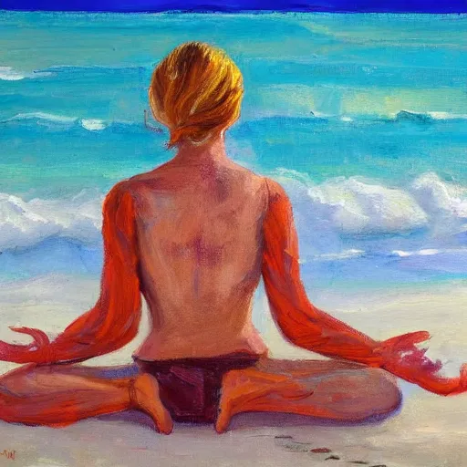 Prompt: freckled woman meditating on beach in caribbean, high detailed, clear, oil on canvas