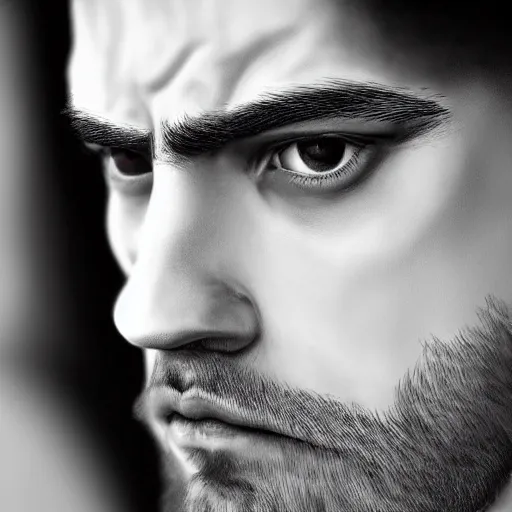 Image similar to photorealistic portrait of gerald darmanin as a sad pathetic alpha male, immature, fantasy, ugly, depth of field, bokeh, soft focus, detailed, soft glow, caravagio, high contreast, art by artgerm