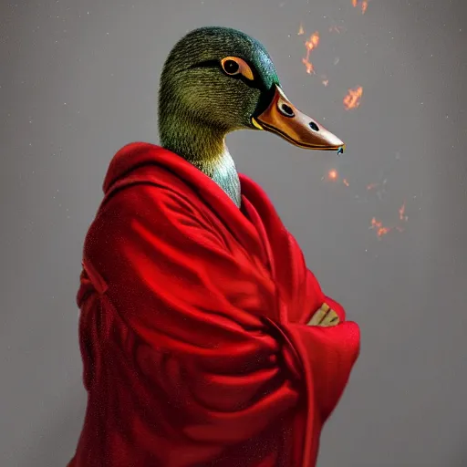 Prompt: portrait of cute mallard duck, glowing red eyes, wearing cultist red robe, doing witchcraft inside a castle, expressive oil painting, digital art, octane render