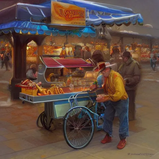 Image similar to Hot-dog stand seller, fantasy D&D, portrait art by Donato Giancola and James Gurney, digital art, trending on artstation