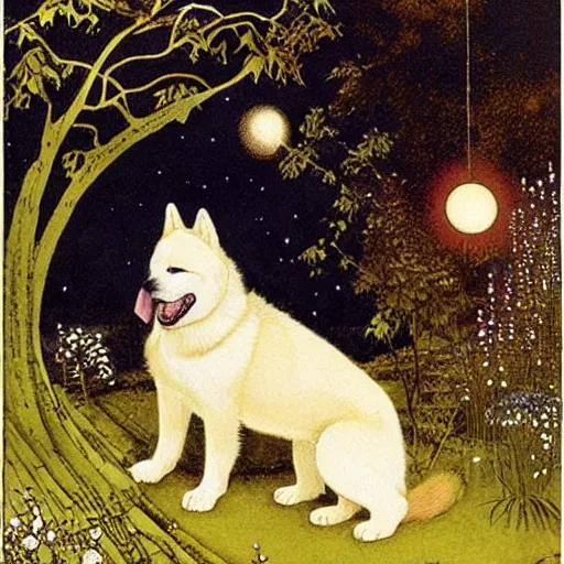 Image similar to red akita inu dog in a moonlit garden, by warwick goble and kay nielsen