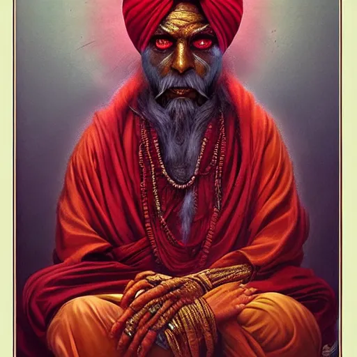 Prompt: old indian guru, turban, creepy, red and gold, meditation, by Anato Finnstark, Tom Bagshaw, Brom