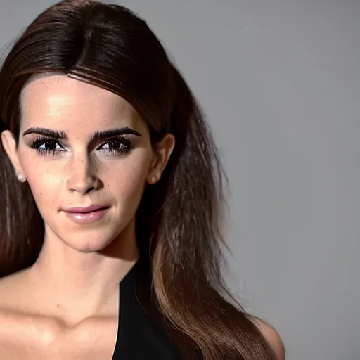 Image similar to a woman who is a genetic combination of kim kardashian and emma watson face and upper - body focus