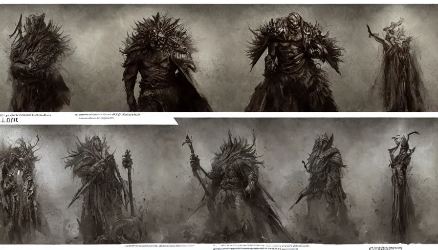 Image similar to feral chieftain charector concept sheet, beksinski, ruan jia, the hobbit orc concept, dark soul concept