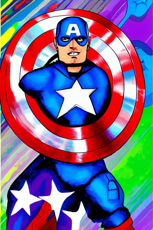 Prompt: Captain America high quality digital painting in the style of Lisa Frank