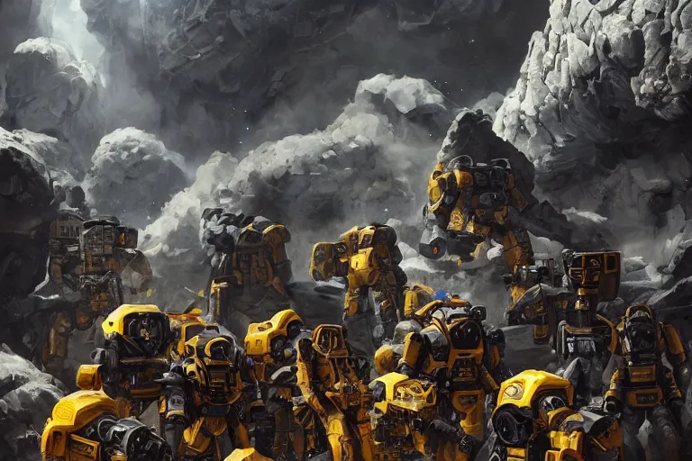 Image similar to intense dramatic still of a black scifi power loader and a ragtag group of miners and factory workers with improvised weapons and firearms, on the surface of an asteroid, outside of a high tech industrial building, oil painting by charles frederic ulrich, jason ryan artstation, greg rutkowski, trending on artstation, incredible detail