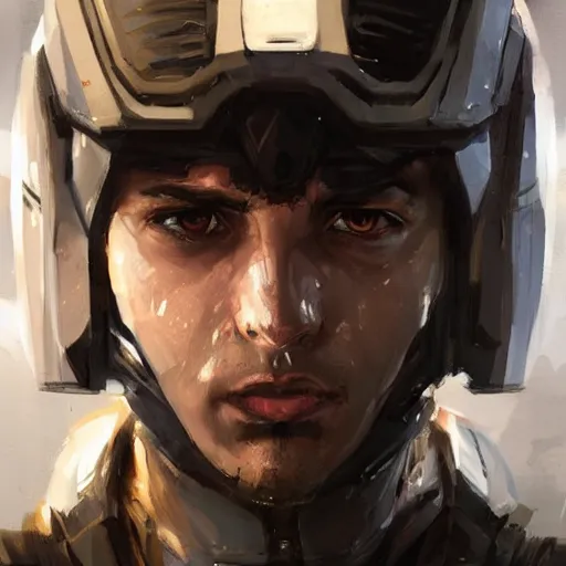 Image similar to Portrait of a man by Greg Rutkowski, he is about 20 years old, mixture turkish and russian, short dark blonde hair with bangs, attractive, angry but resigned look, he is wearing a futuristic tactical gear, highly detailed portrait, scifi, digital painting, artstation, concept art, smooth, sharp foccus ilustration, Artstation HQ.