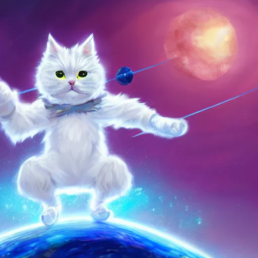 Prompt: illustration of a white fluffy cat wizard casting a spell in space. 4k trending ArtStation highly detailed vibrant