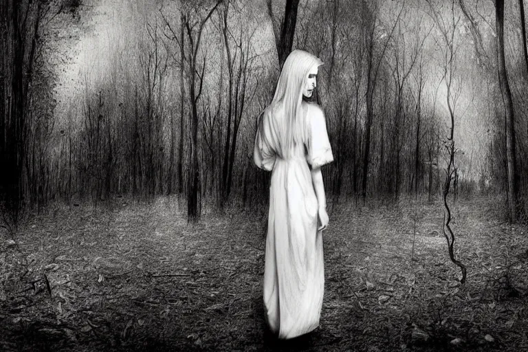 Image similar to mad girl in white dress wandering the woods artwork by ben templesmith