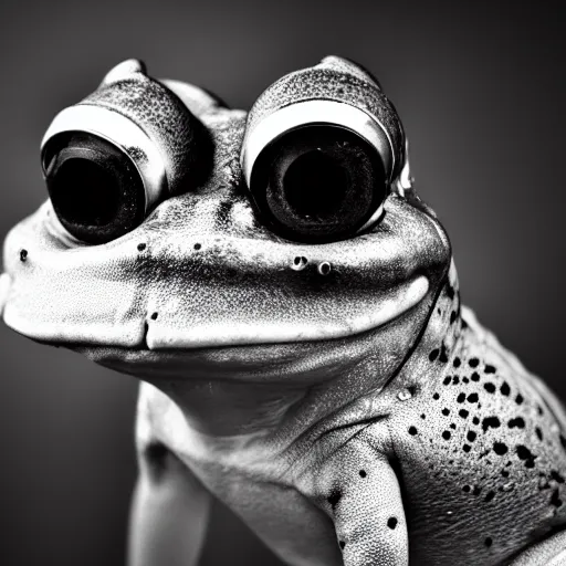 Image similar to cyborg frog with a camera lens as a head, front profile, monochromatic photo