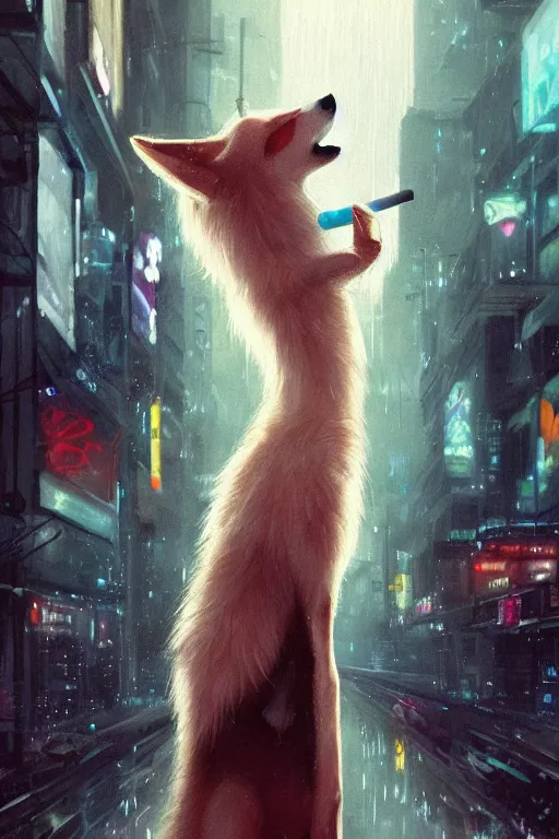 Image similar to beautiful portrait of a tall white female anthro fox smoking a cigarette while standing head and shoulders taller than the bustling crowd of a rainy city street, cyberpunk, harsh neon lights, highly detailed, sharp focus, digital painting, illustration, trending on artstation, art by sakimichan, wlop, greg rutkowski
