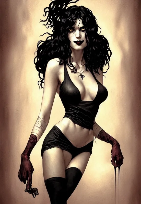 Image similar to perky character death from comic book the sandman in a small 5 0 ’ s style diner, fantasy magic, dark light night, intricate, elegant, sharp focus, illustration, highly detailed, digital painting, concept art, matte, art by wlop and artgerm and greg rutkowski and alphonse mucha, masterpiece