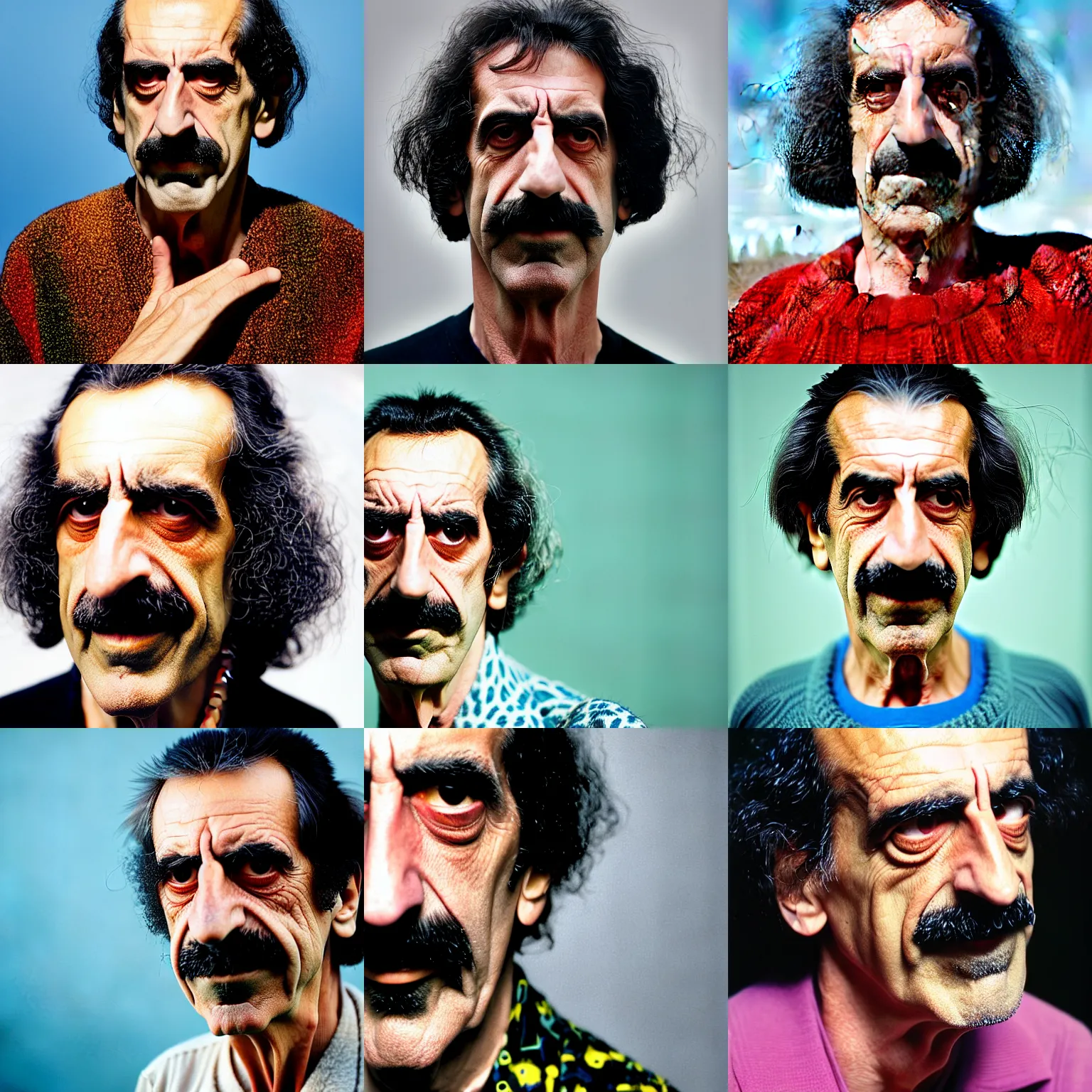 Prompt: a close up color portrait of frank zappa in old age with background scenery by juergen teller, iris van herpen rankin, ring - flash
