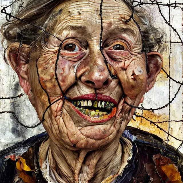 Image similar to an extreme close up portrait a very ordinary old woman with an happy expression, front angle, by Lucian Freud and Jenny Saville and Anselm Kiefer, oil painting, rust, Scaffolding, rusted metal and sunflowers, iron cladding, decay, mixed media, textured, anatomically correct, beautiful perfect face, visible brushstrokes, sharp focus, Highly Detailed, Cinematic Lighting, 8k, HD