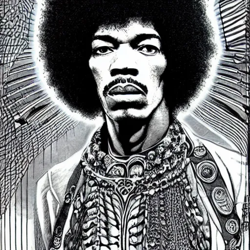 Prompt: artwork by Franklin Booth showing a portrait of Jimi Hendrix, afro futurism