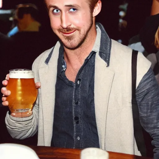 Prompt: ryan gosling drinking beer, high quality photo