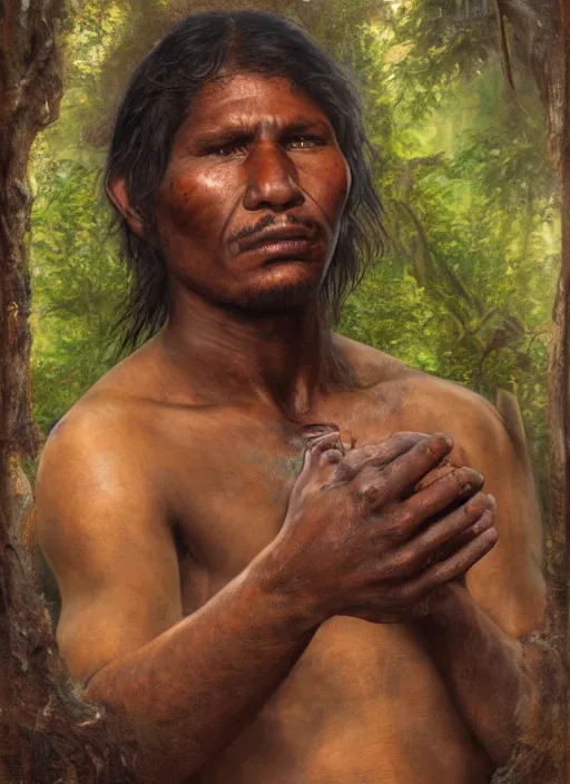 Image similar to a beautiful portrait of an indigenous man taking rapé in the jungle, taking tobacco snuff, fantasy art, matte painting, highly detailed