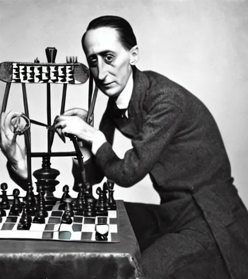 Image similar to marcel duchamp holding up a chess - piece wire - machine, a surrealist painting by marcel duchamp, complex artificial - intelligence machinery, flickr contest winner, studio portrait, 1 9 2 0 s