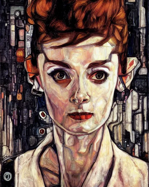 Image similar to portrait of cyberpunk audrey hepburn by egon schiele in the style of greg rutkowski