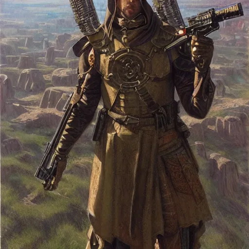 Image similar to templar holding a handgun sideways, by donato giancola.